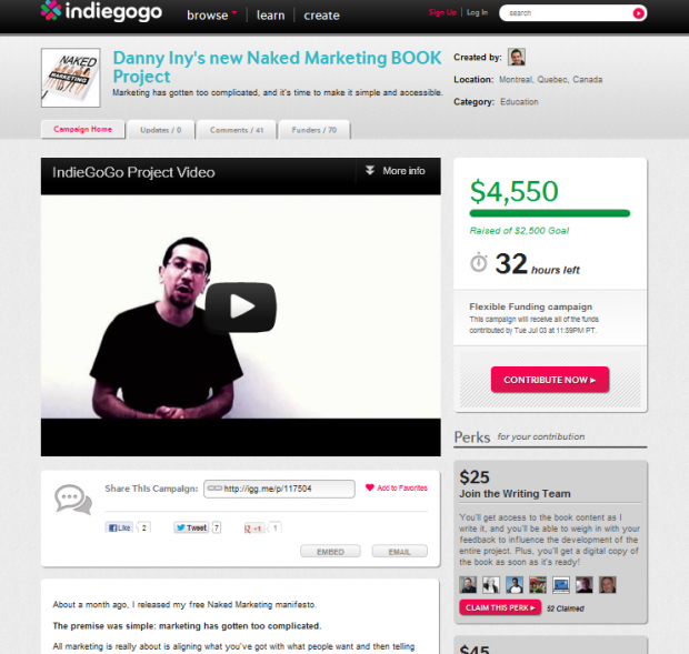Indiegogo Danny Iny Naked Marketing project