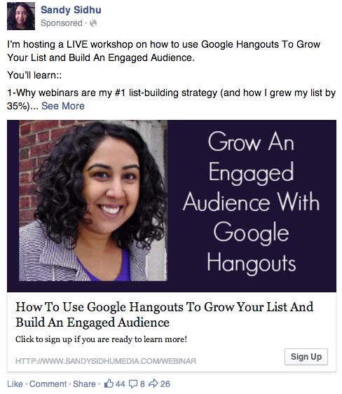 Sandy Sidhu Facebook Advertising results